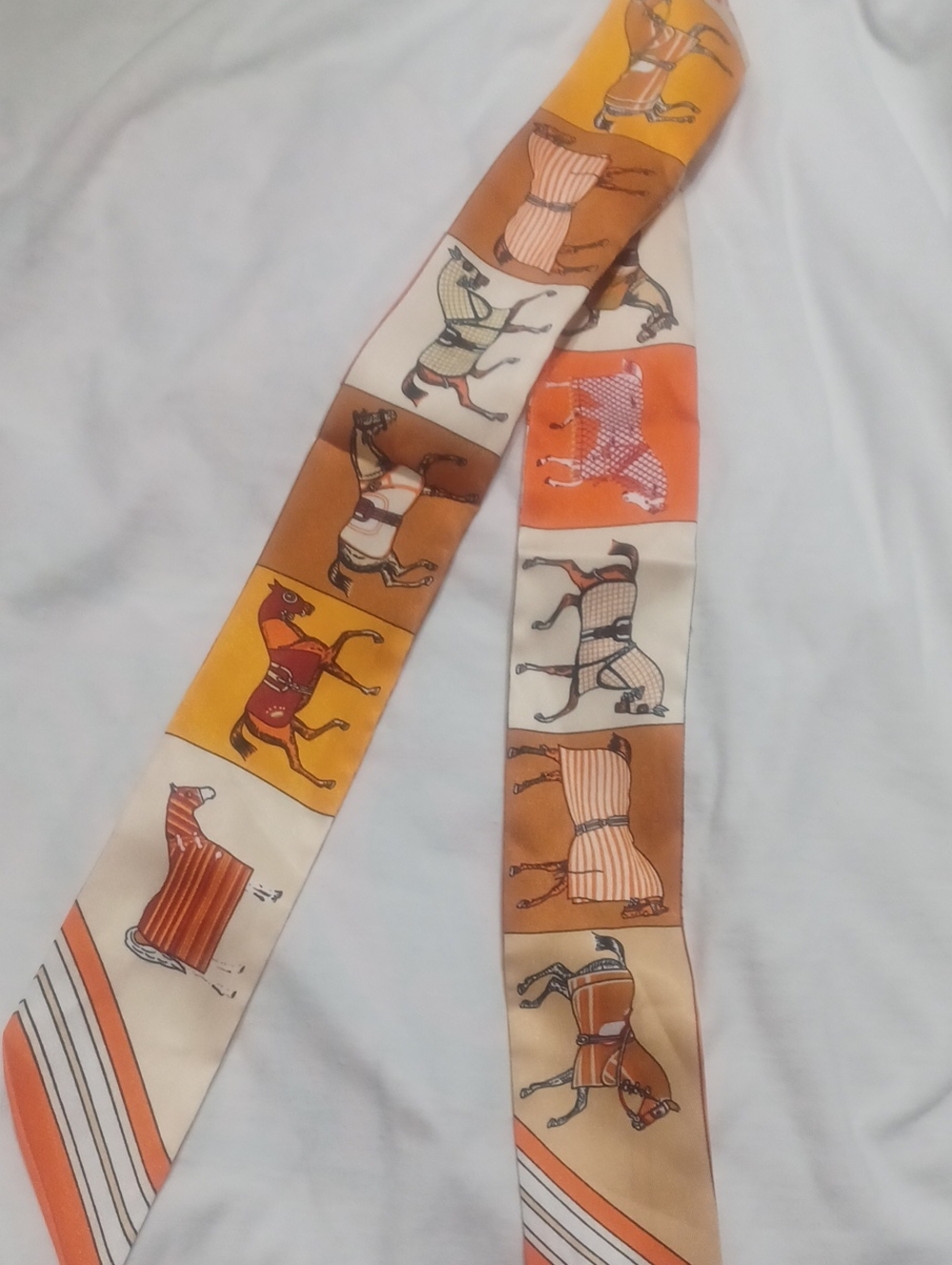 Silk Scarf Tie with Orange and Brown Equestrian Motif-Reversable